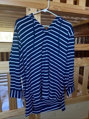 Jane and Delancey Navy and White Striped Hooded Knit Top